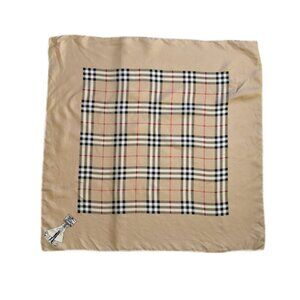 Vintage Burberry Silk Scarf Wrap Square Tan Black Plaid Handkerchief Neck Tie